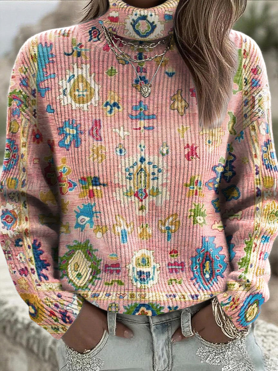Damski vintage etniczny geometryczny kwiatowy sweter z wysokim dekoltem