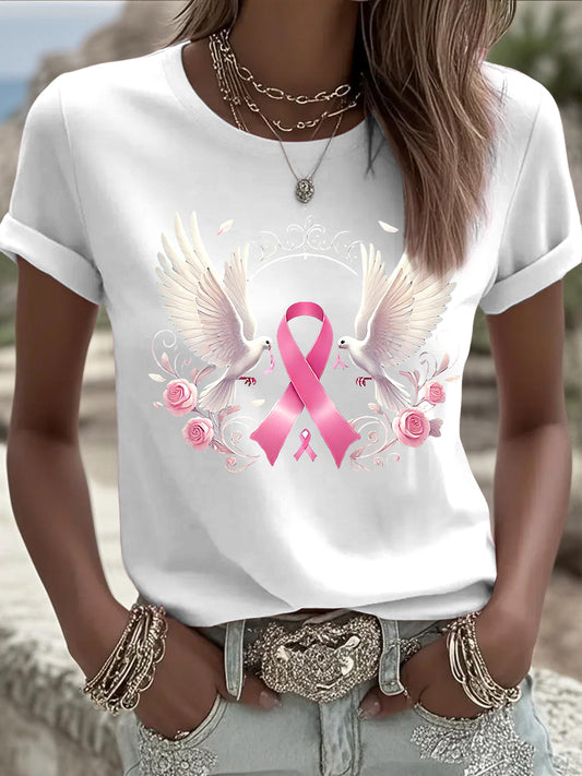Damski Vintage White Dove Ribbon Casual T-Shirt