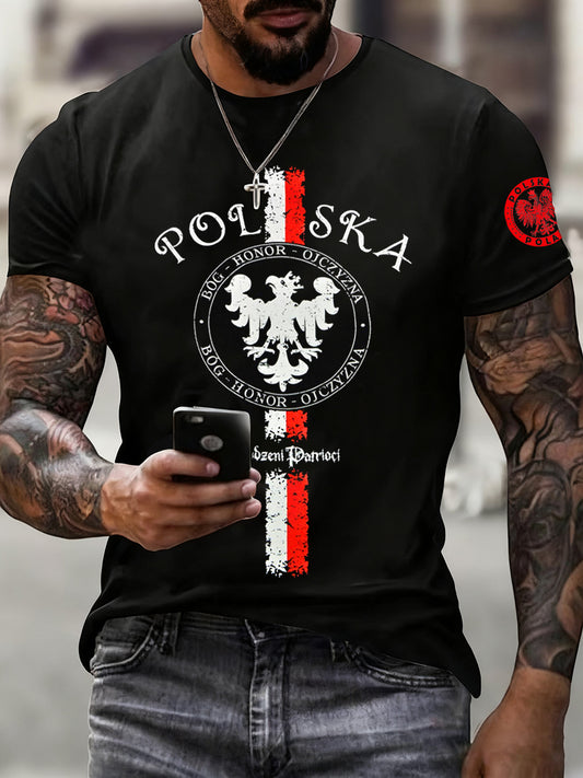 Męska koszulka z nadrukiem w stylu vintage z polską flagą
