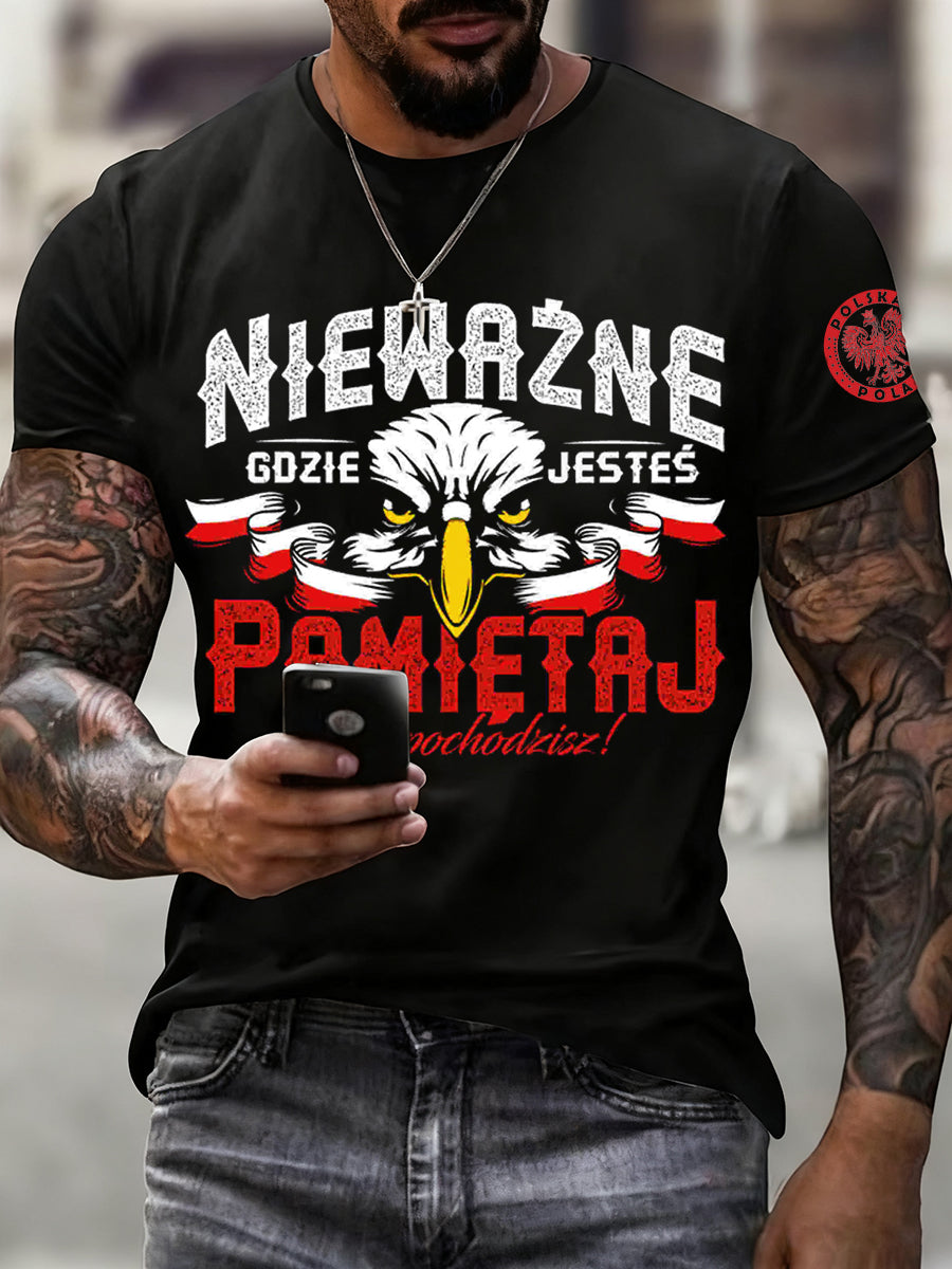 Męska koszulka z nadrukiem w stylu vintage z polską flagą