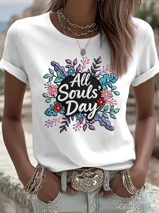 Damski Vintage All Souls' Day Floral Art Casual T-Shirt