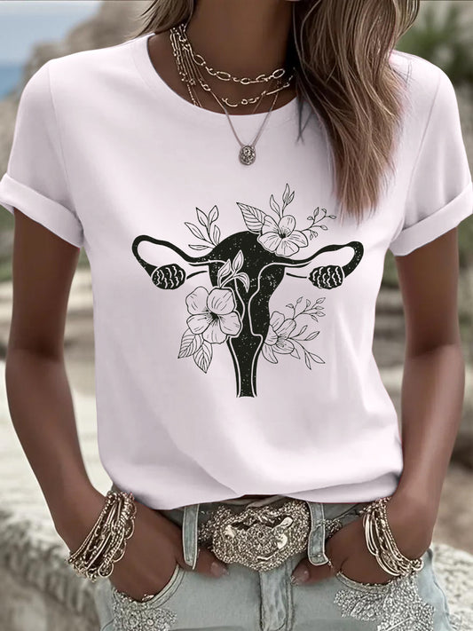 Koszulka damska European Fashion Pink White, ozdobiona artystyczną macicą i kwiatowymi wzorami, jest obowiązkowa dla modnej codziennej stylizacji