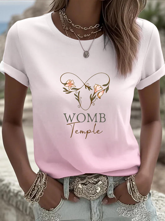 Damska modna różowa koszulka Ombre w europejskim stylu, z napisem „ WOMB Temple ”i kwiatowym upiększaniem, idealna do codziennego noszenia