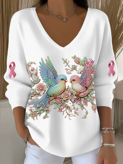 Damski romantyczny top z kolcowem Rhinestone Art V-Neck