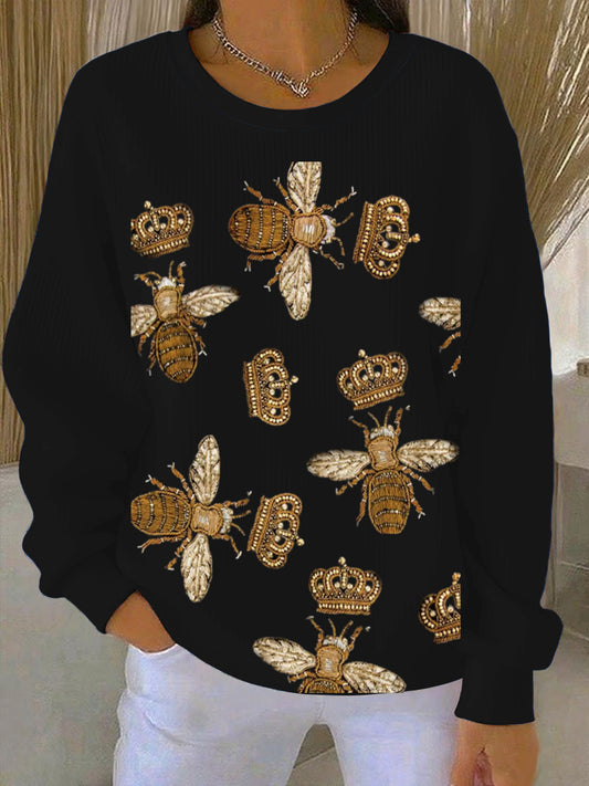 Damska luksusowa czarna bluza z haftem Golden Bee i Crown
