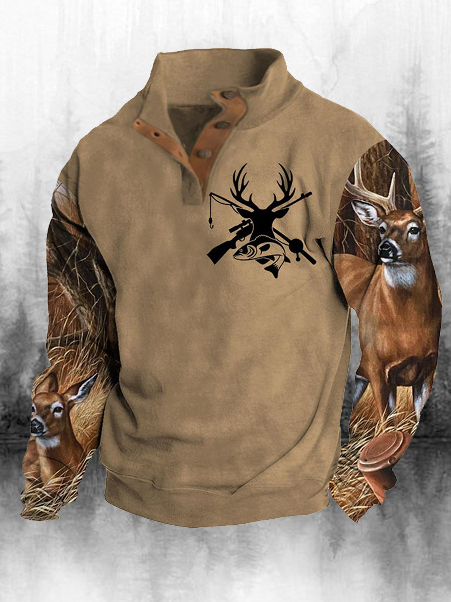 Męski golf retro z nadrukiem zachodnim Luźny 4 guziki Henley Neck z długim rękawem
