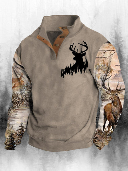 Męski golf retro z nadrukiem zachodnim Luźny 4 guziki Henley Neck z długim rękawem