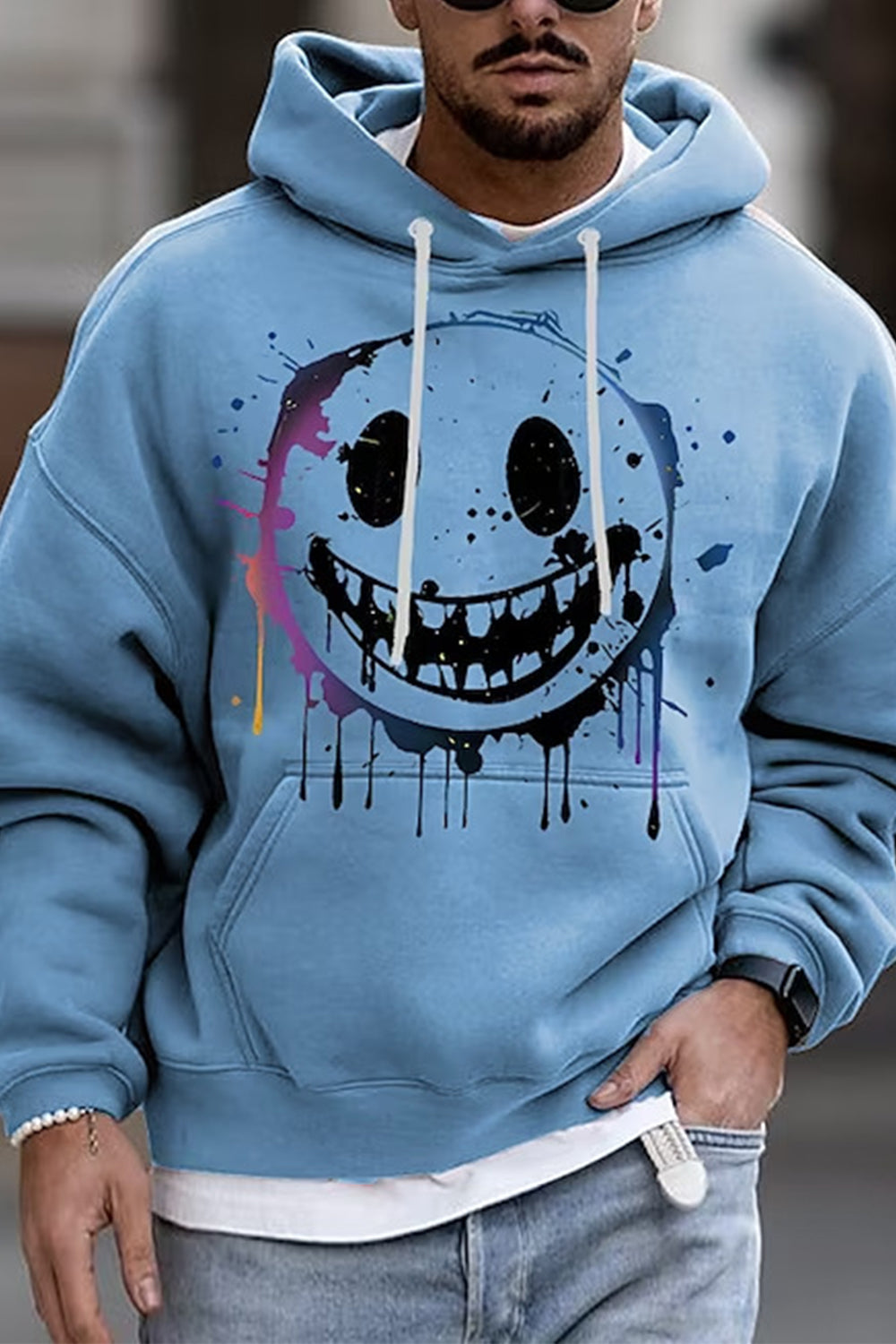 Męski Casual Okrągły Dekolt Kuso Smiley Twarz Nadruk Moda Luźna Bluza Z Kapturem
